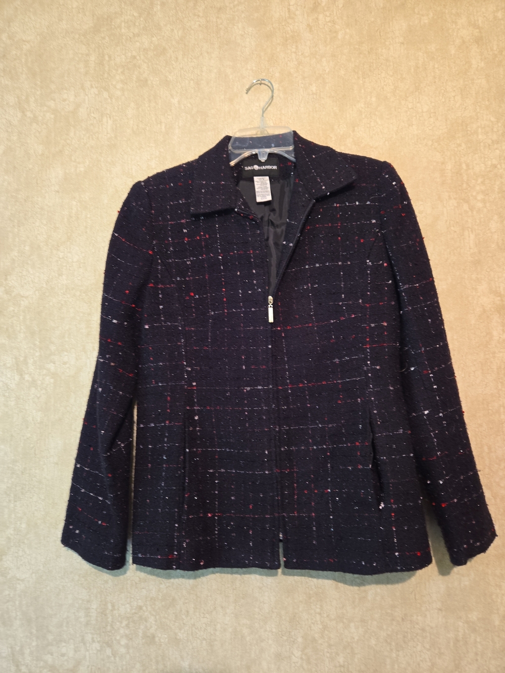 Sag Harbor Navy Tweed Zip-Front Blazer with Red & White Flecks